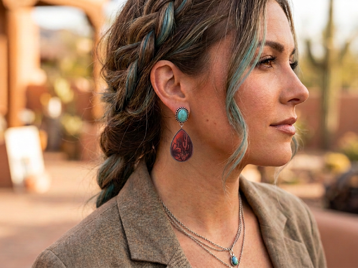 Southwestern Cactus Print Teardrop Dangle Earrings
