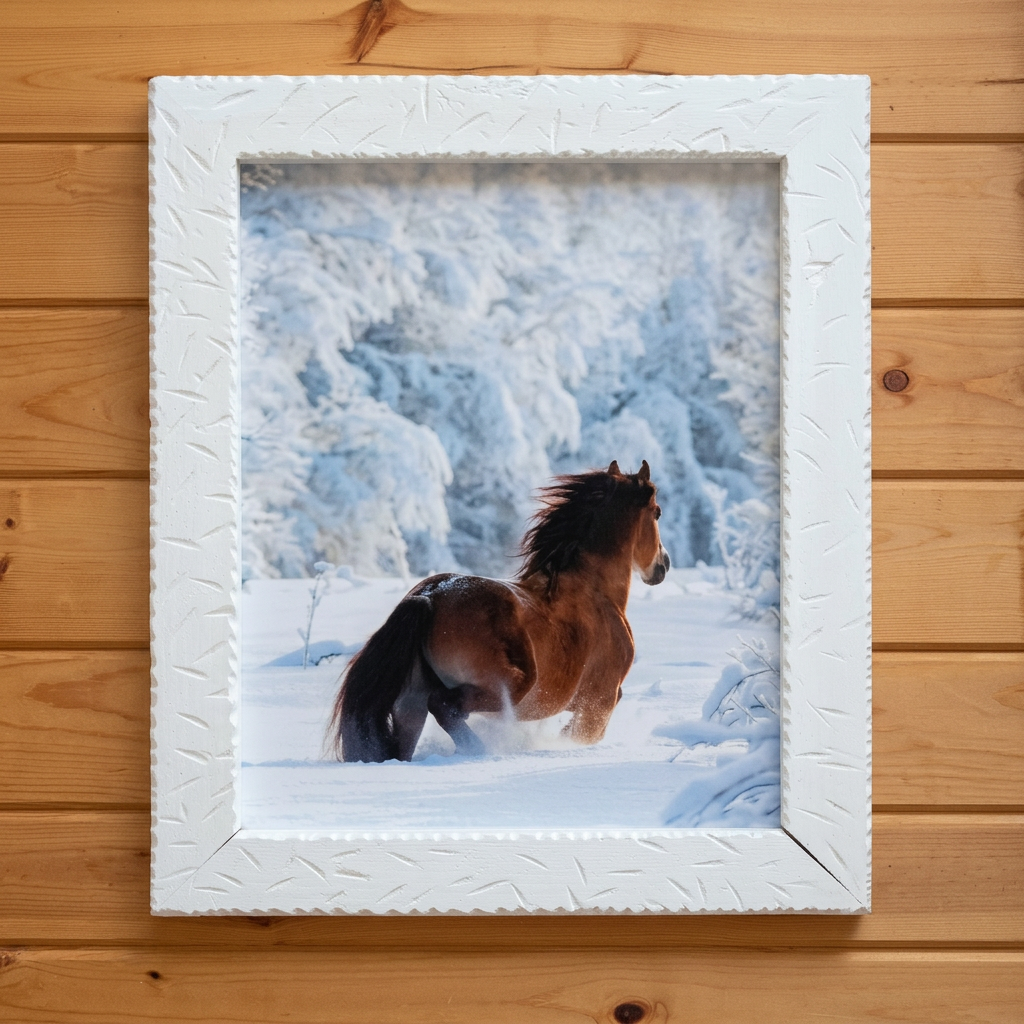 Framed Running Horse Snow Artwork – Rustic Winter Horse Wall Art White Wood Frame 20x24
