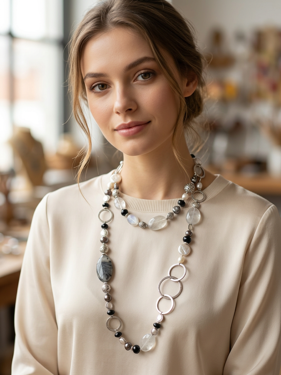 Black & Clear Beaded Statement Necklace with Metallic Ring Accents