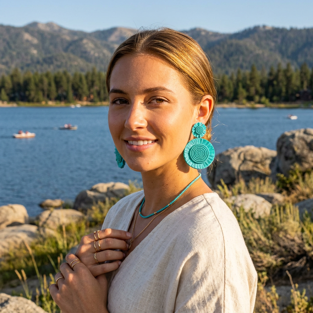 Turquoise Boho Raffia Beaded Earrings