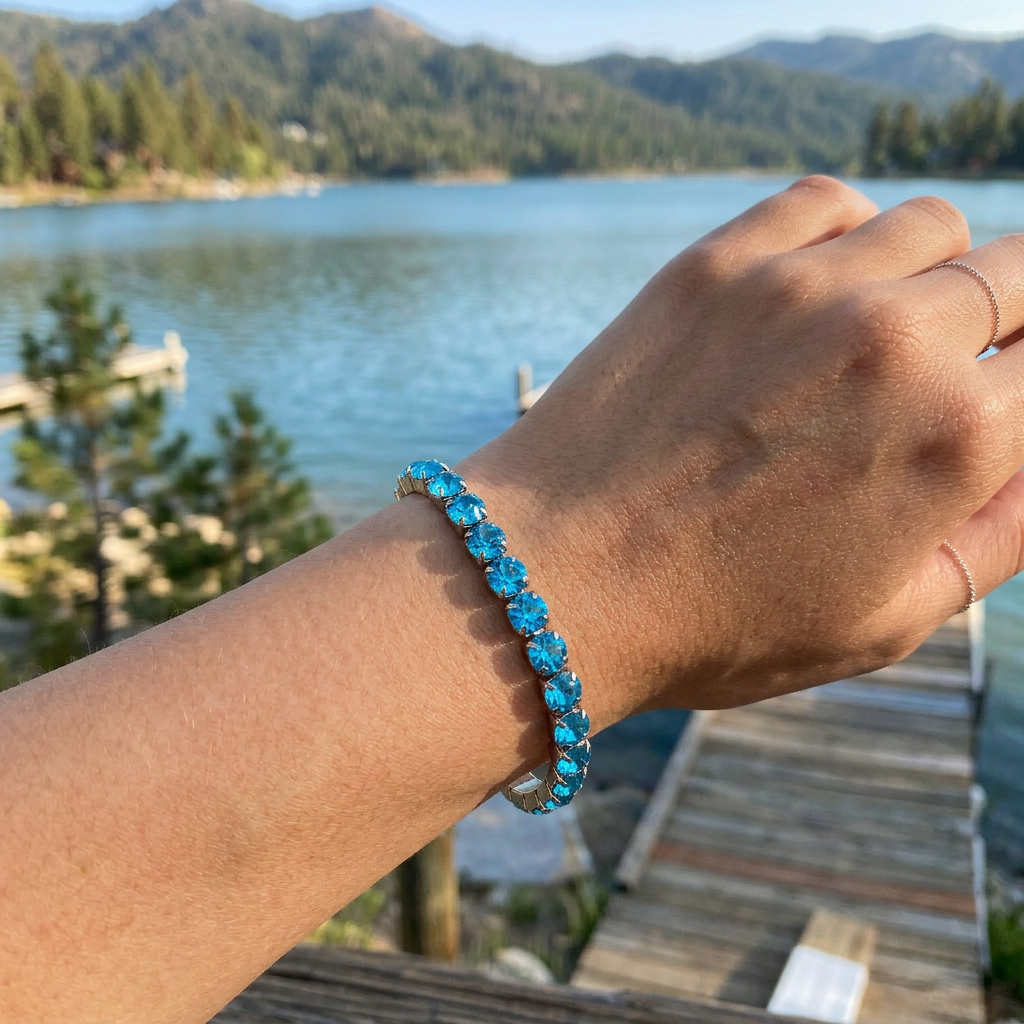 Silver Plated Aqua Blue Rhinestone Strech Bracelet
