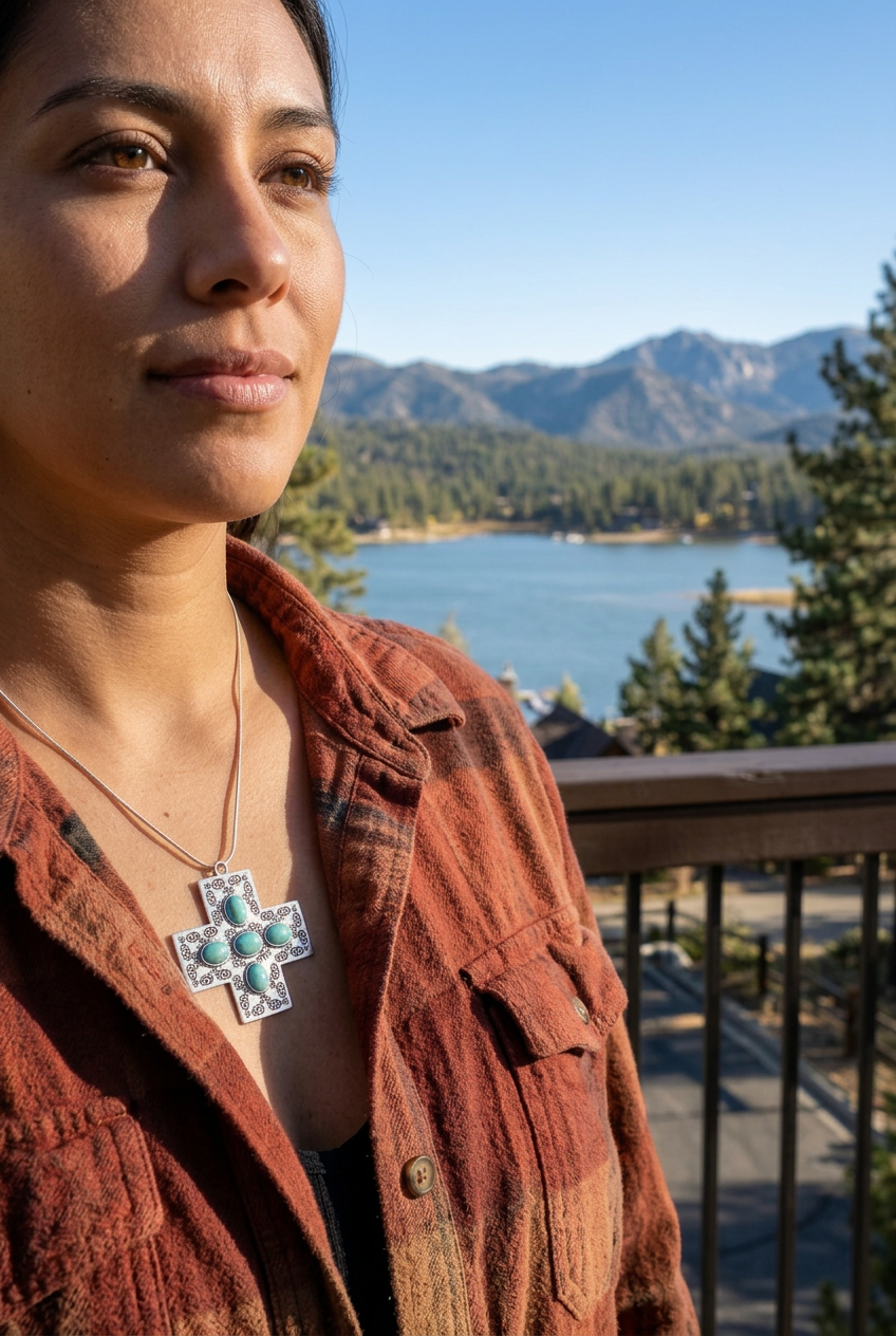 Faux Turquoise Cross Necklace with Engraved Sunburst Details