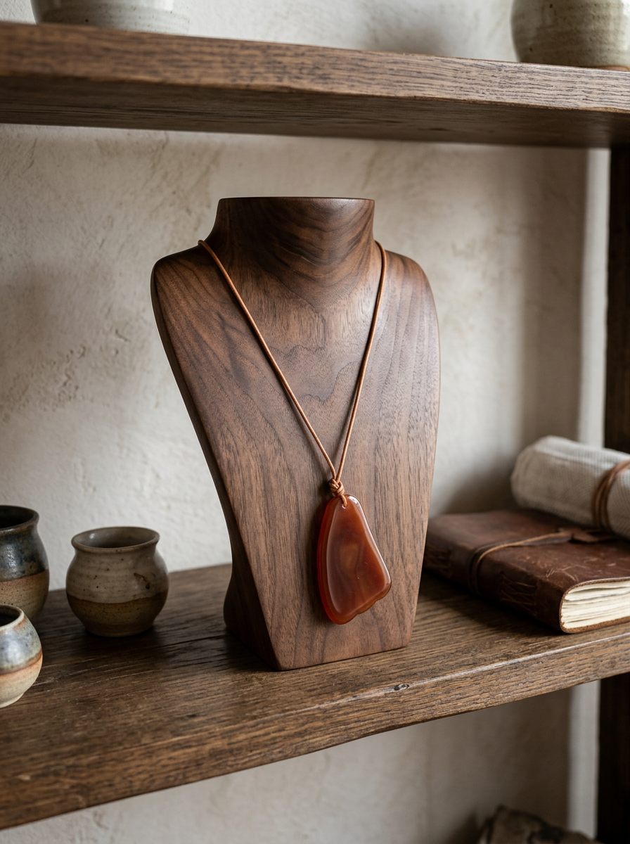 Large Carnelian Agate Statement Pendant Necklace on Chestnut Brown Cord