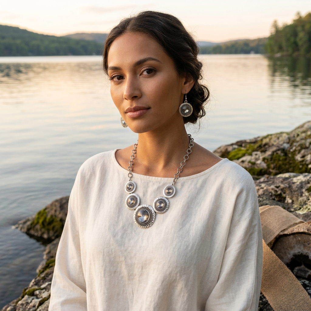 Paparazzi Large Circular Silver Statement Piece Necklace & Earring Set with Blackish Grey Gemstones