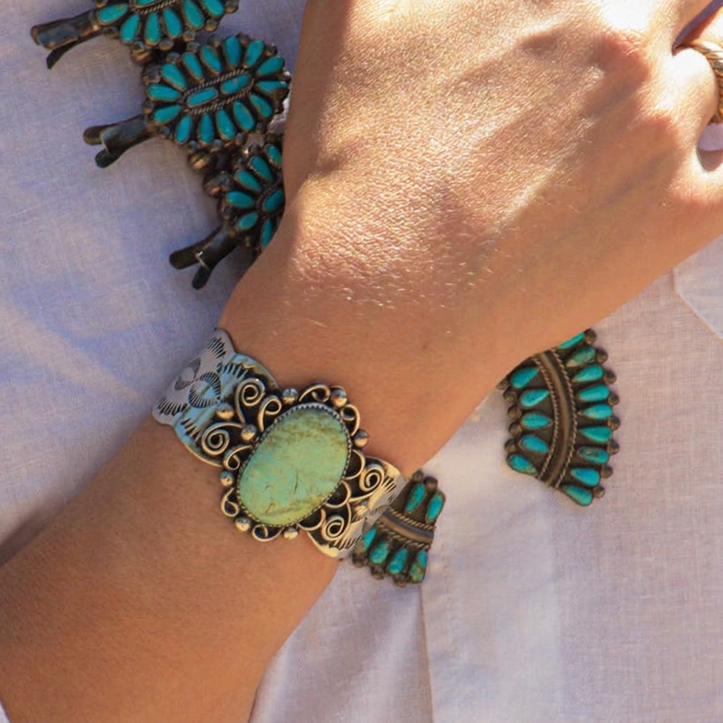 Navajo Indian Nickel Silver and Turquoise Cuff Bracelet by Cleveland