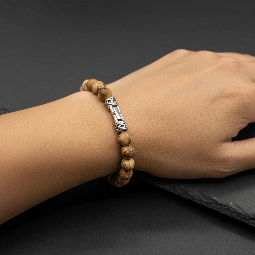 Genuine Jasper With Stainless Steel Beaded Bracelet