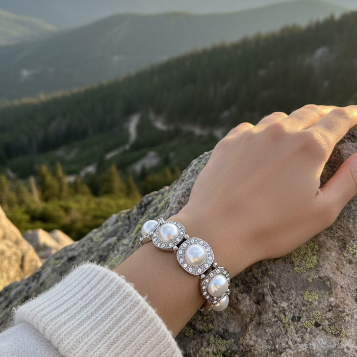 Silver Toned Stretch Bracelet With Faux Pearls And Crystals