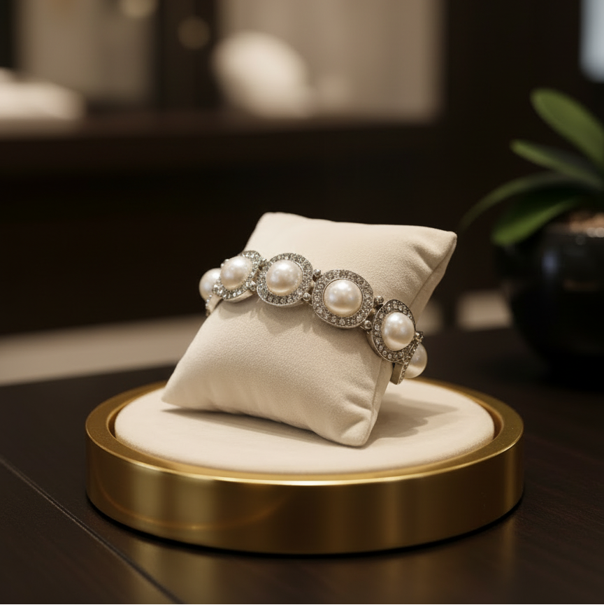 Silver Toned Stretch Bracelet With Faux Pearls And Crystals