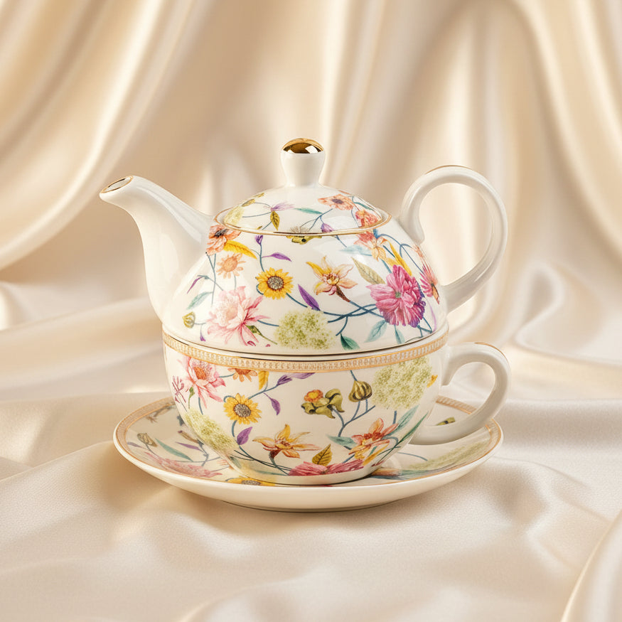 Grace Teaware Fine Porcelain Floral Tea for One Teapot Mug & Plate Set