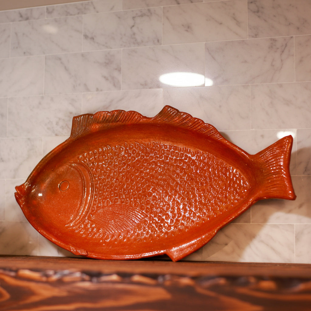 3 Piece set Vintage Mexican Terracotta Fish Shaped Warming Platter Made in Mazatlán Sinaloa