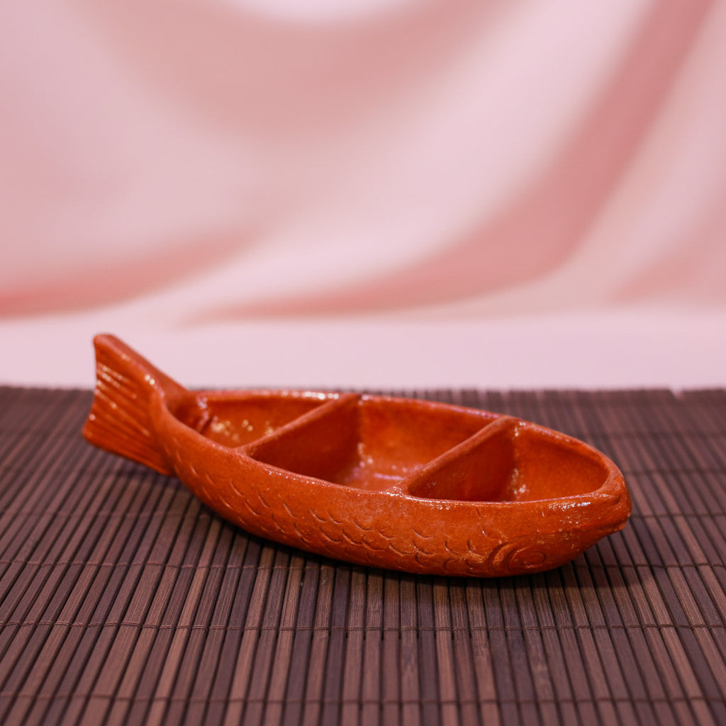 3 Piece set Vintage Mexican Terracotta Fish Shaped Warming Platter Made in Mazatlán Sinaloa