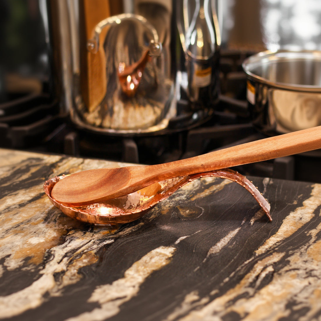 Copper Spoon Rest with Hammered with Rimmed Accent