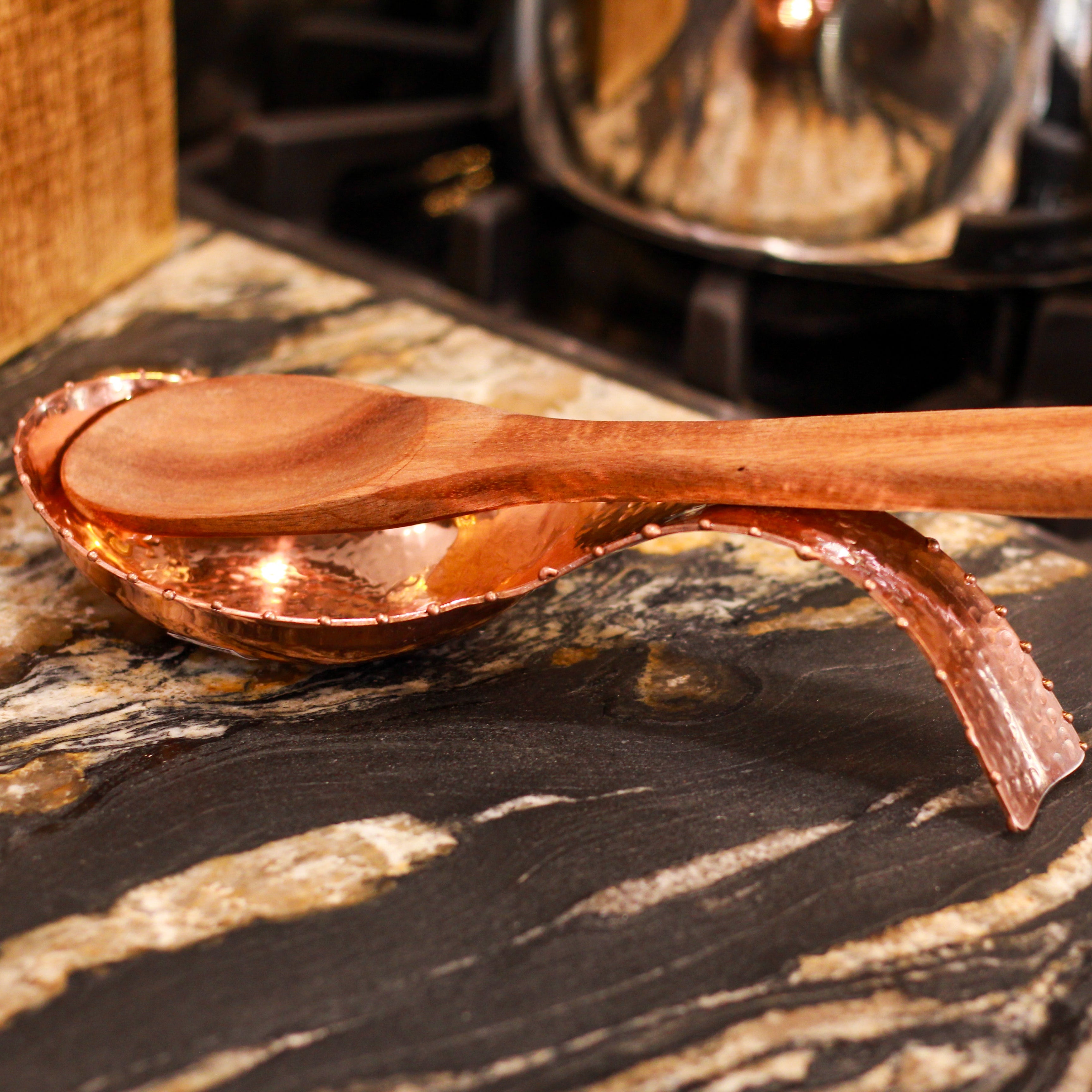 Copper Spoon Rest with Hammered with Rimmed Accent