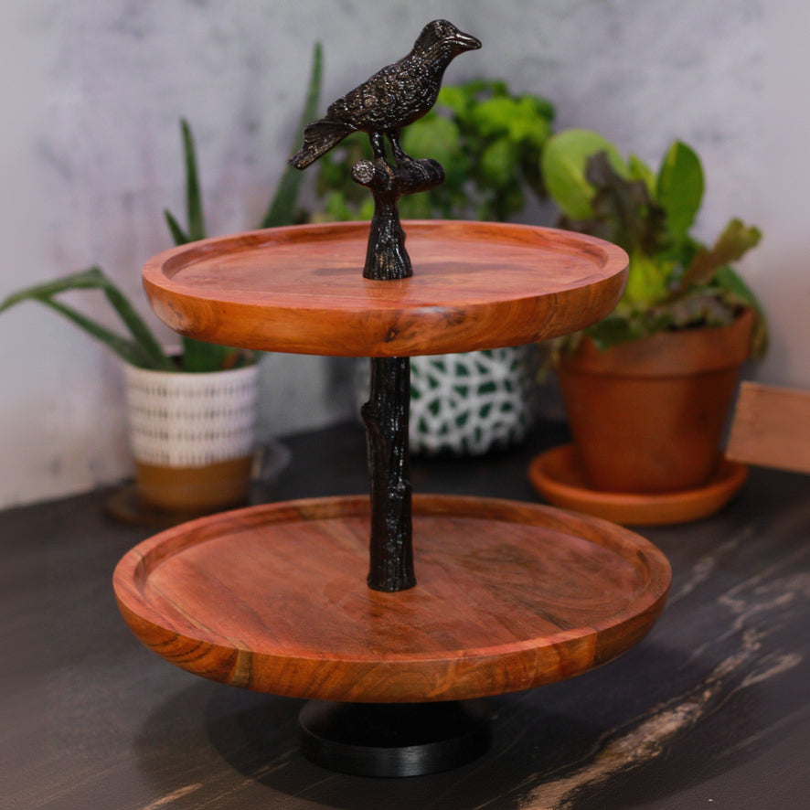 Broomstick BLVD Brand 2 Tier Metal Bird Topper and Wood Tray Stand
