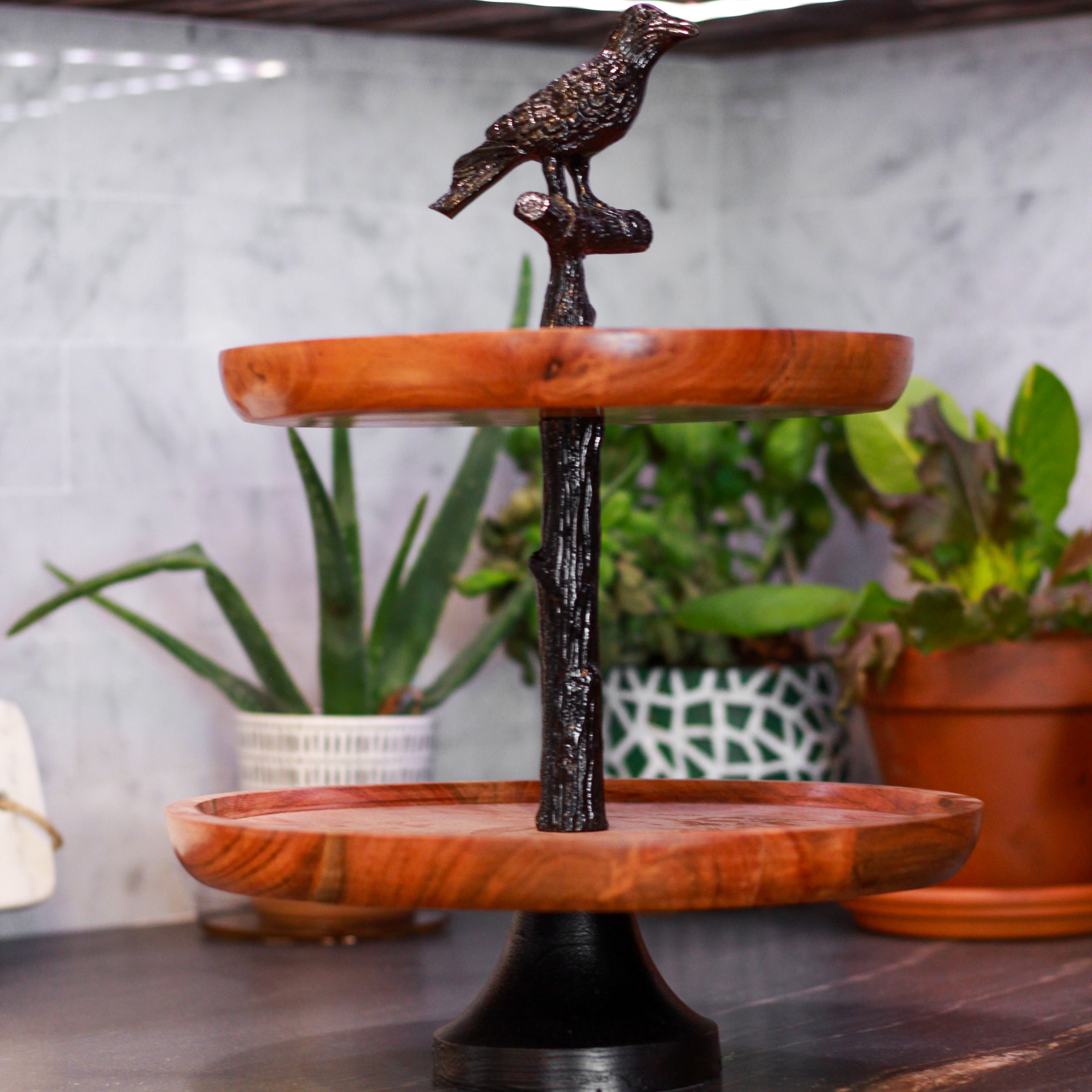 Broomstick BLVD Brand 2 Tier Metal Bird Topper and Wood Tray Stand