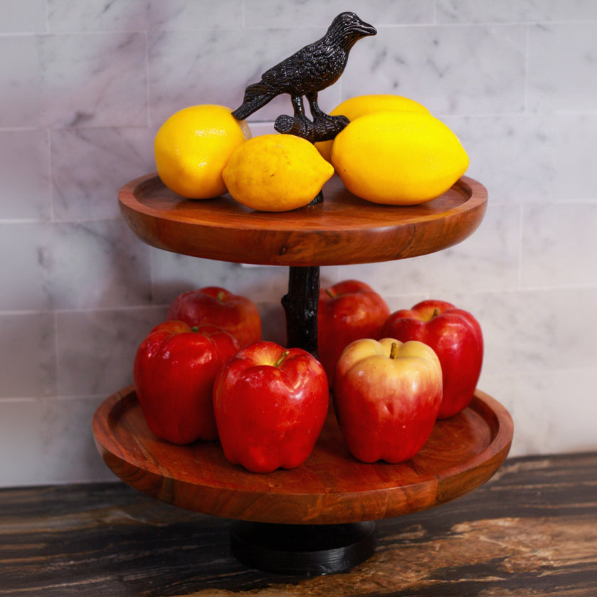 Broomstick BLVD Brand 2 Tier Metal Bird Topper and Wood Tray Stand