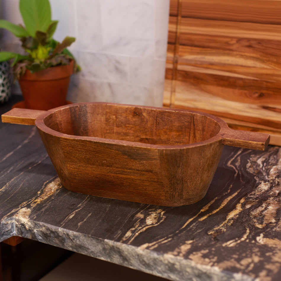 Wood Serving Bowl with Flat Handles - Large and Deep
