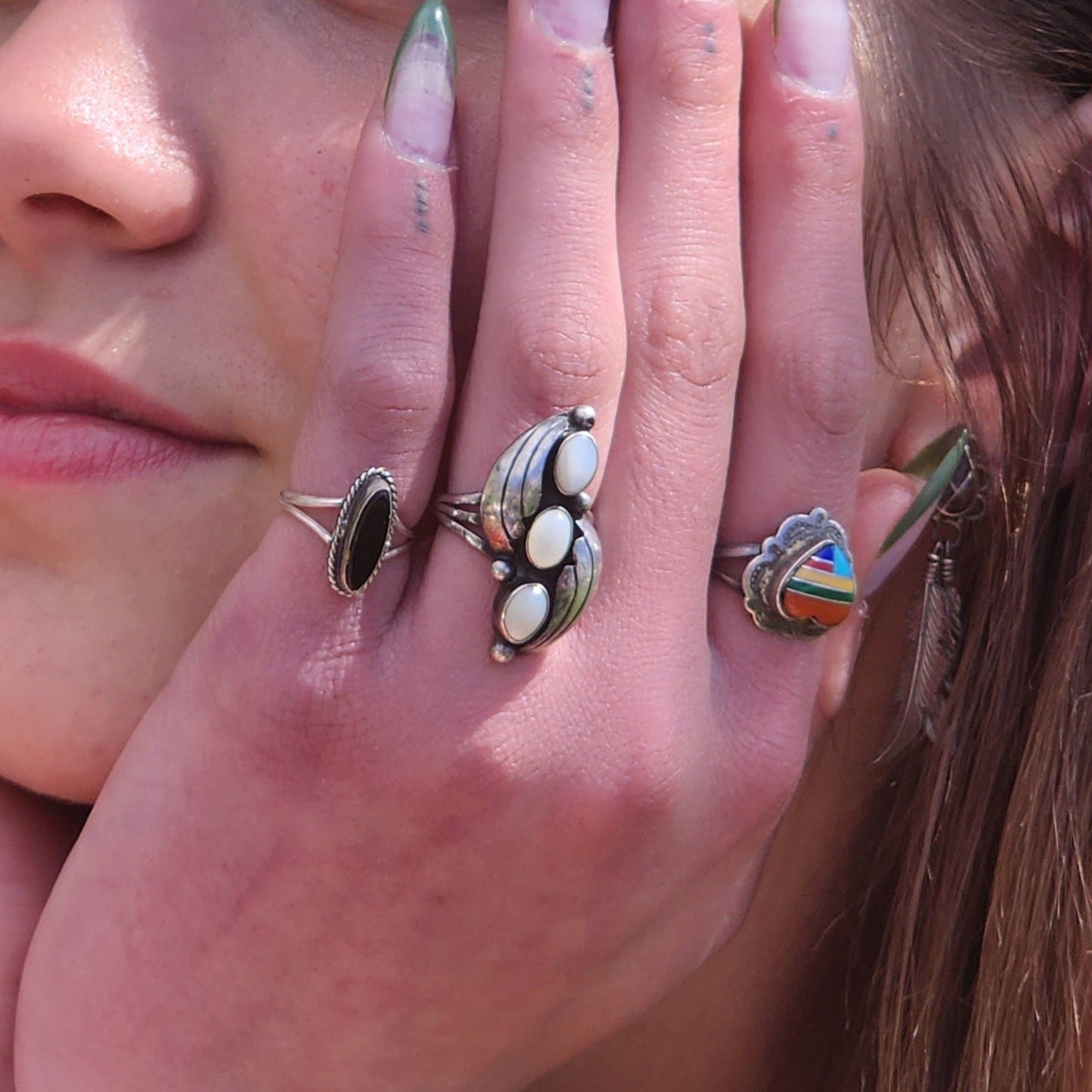 Vintage Navajo Three White Opal Gemstones Embellished in Sterling Silver Swirls Split Band Ring