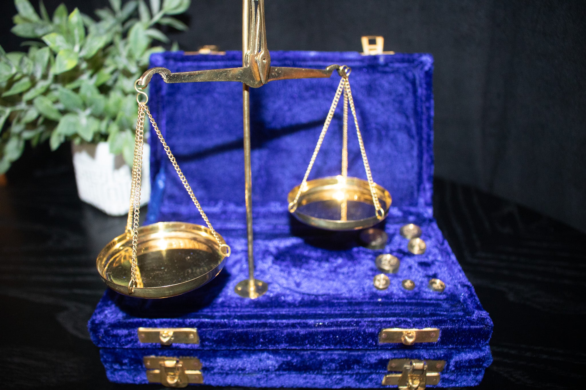 Antique Brass Polished Balance Scale with Velvet Box with Weights