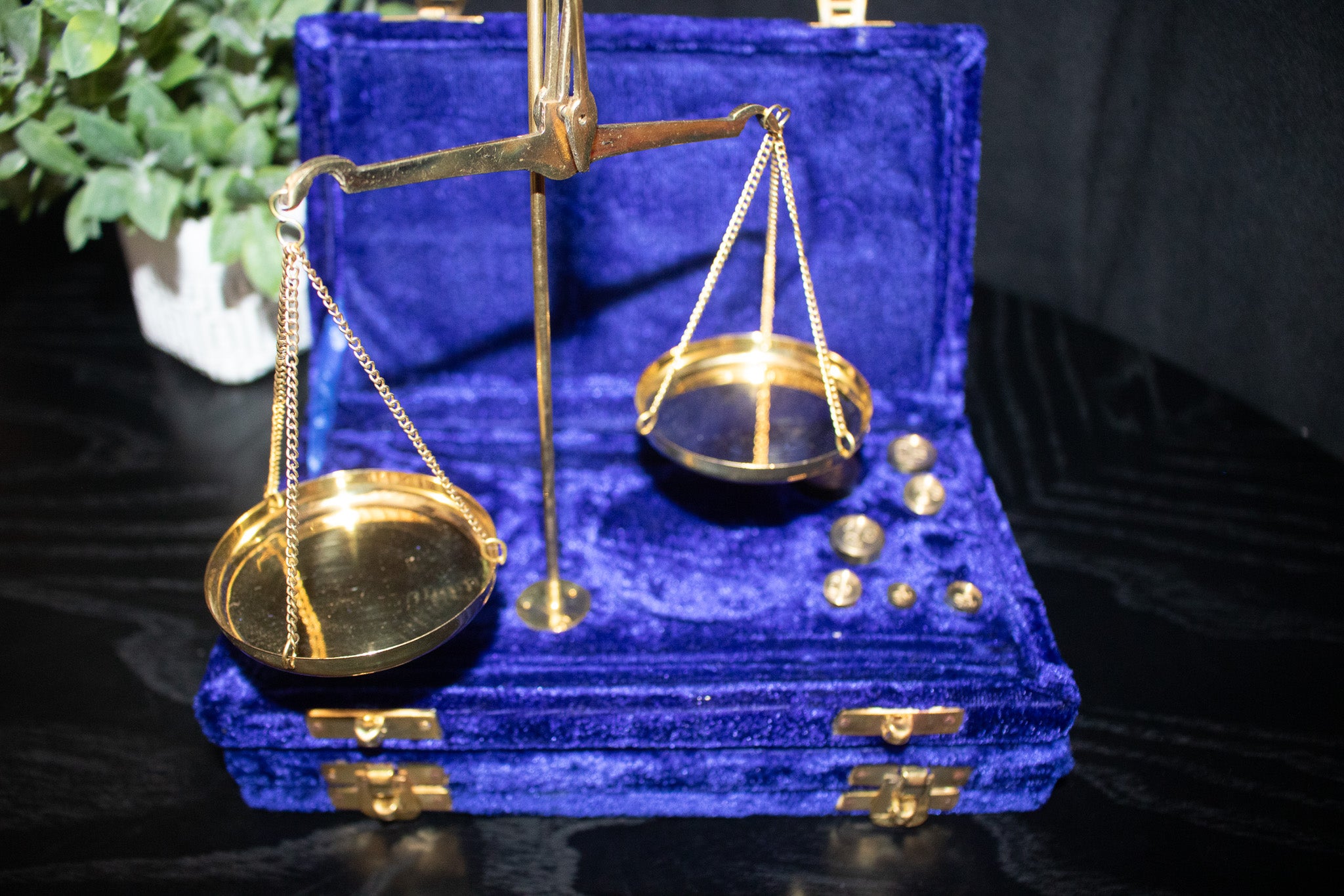 Antique Brass Polished Balance Scale with Velvet Box with Weights