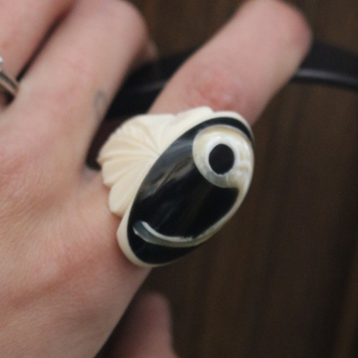 Hand-Crafted Bone Ring with Inlayed Black Onyx and Mother of Pearl Ring Size 7
