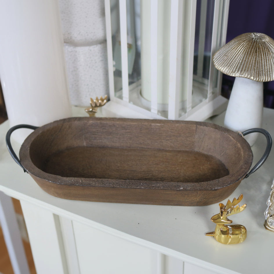Rustic Wooden Trinket Tray with Sleek Metal Handles