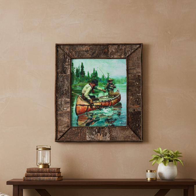 "Reeling in a Big One" By Jimi McKee Canvas Transfer with Custom Birch Bark Adirondack Style Frame