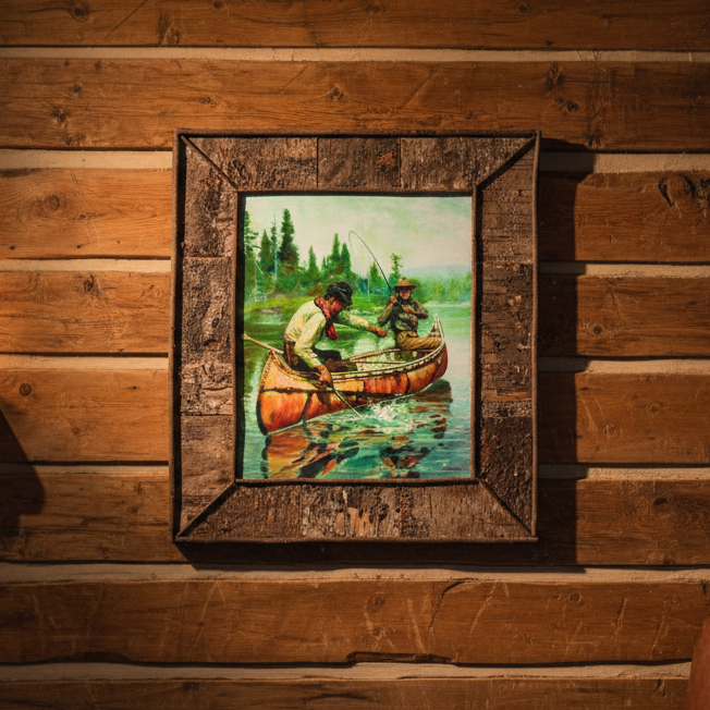 "Reeling in a Big One" By Jimi McKee Canvas Transfer with Custom Birch Bark Adirondack Style Frame