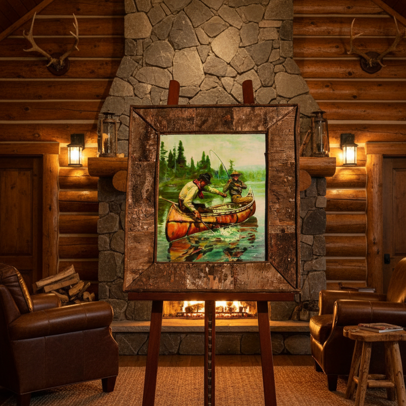 "Reeling in a Big One" By Jimi McKee Canvas Transfer with Custom Birch Bark Adirondack Style Frame