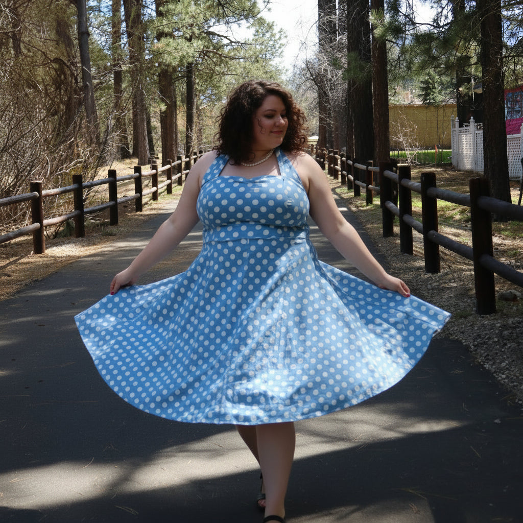 Light Blue Polka Dot Midi Dress Size 4XL