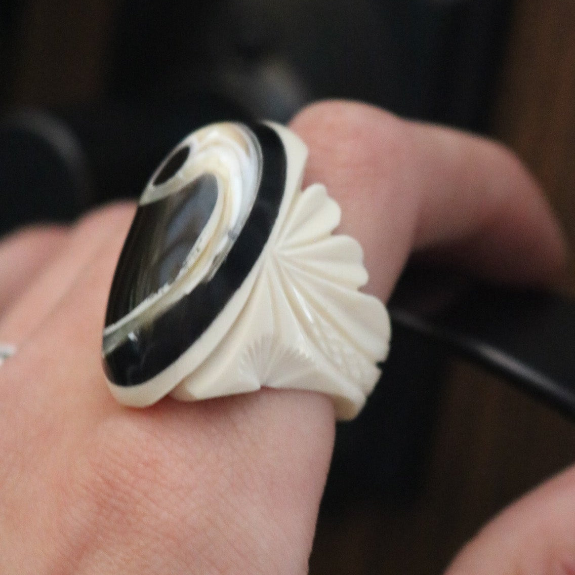 Hand-Crafted Bone Ring with Inlayed Black Onyx and Mother of Pearl Ring Size 7
