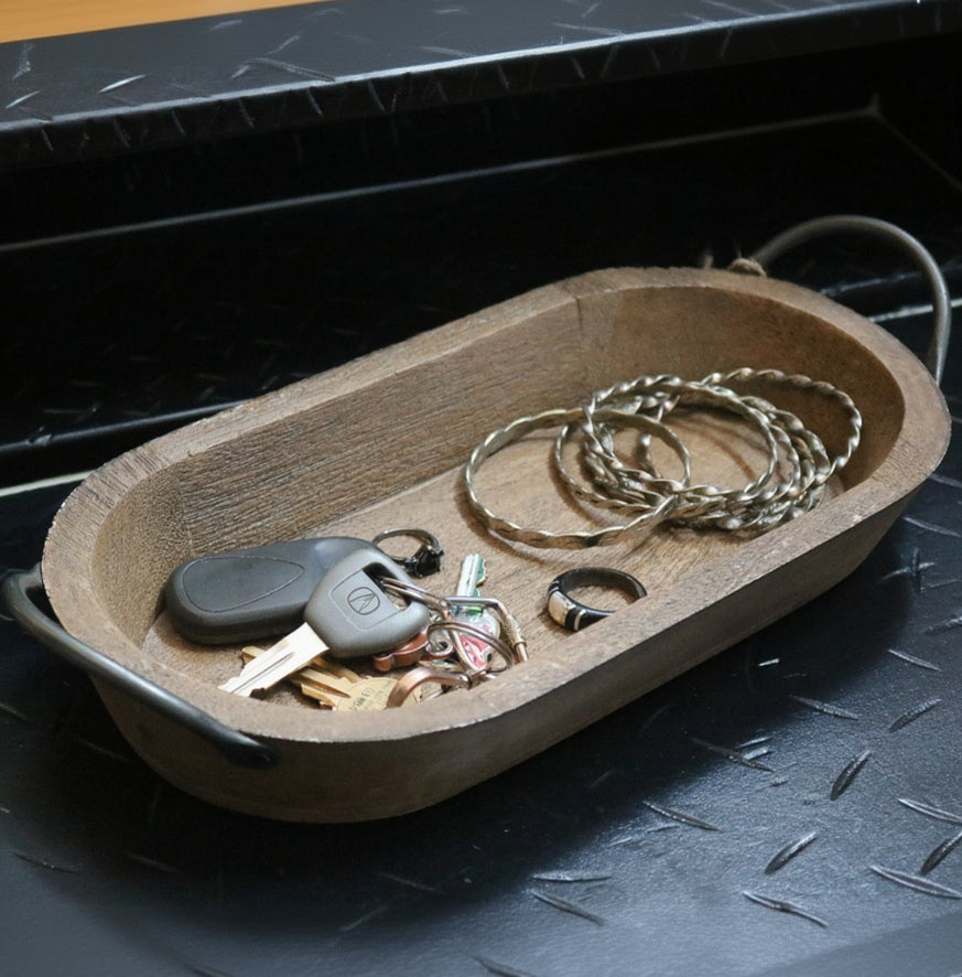Rustic Wooden Trinket Tray with Sleek Metal Handles