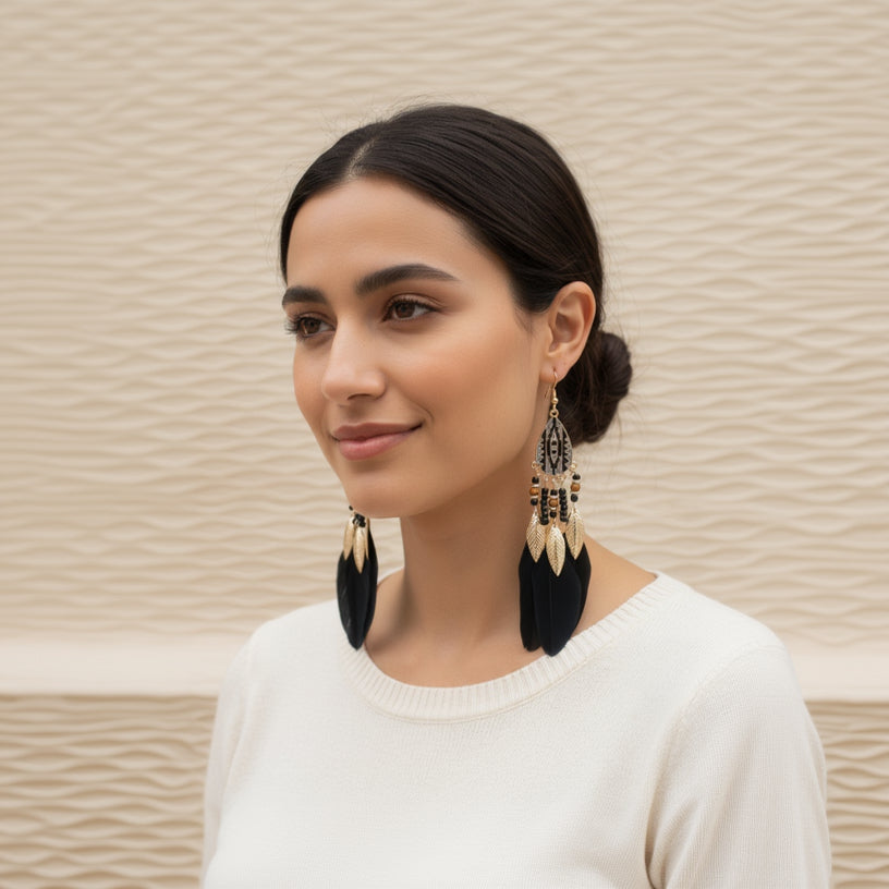 BOHEMIAN TEAR DROP BEADED FEATHER DANGLE EARRINGS