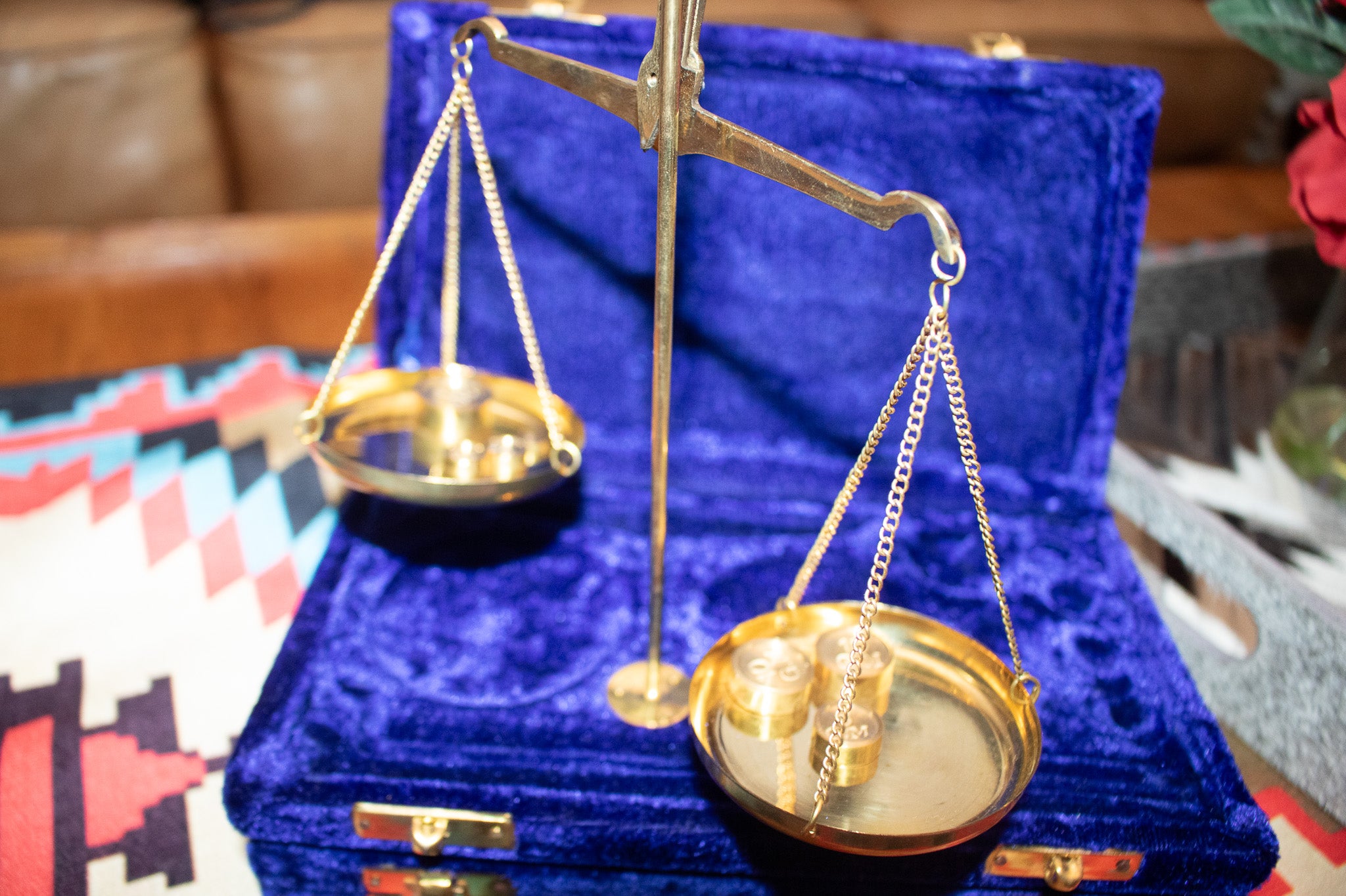 Antique Brass Polished Balance Scale with Velvet Box with Weights