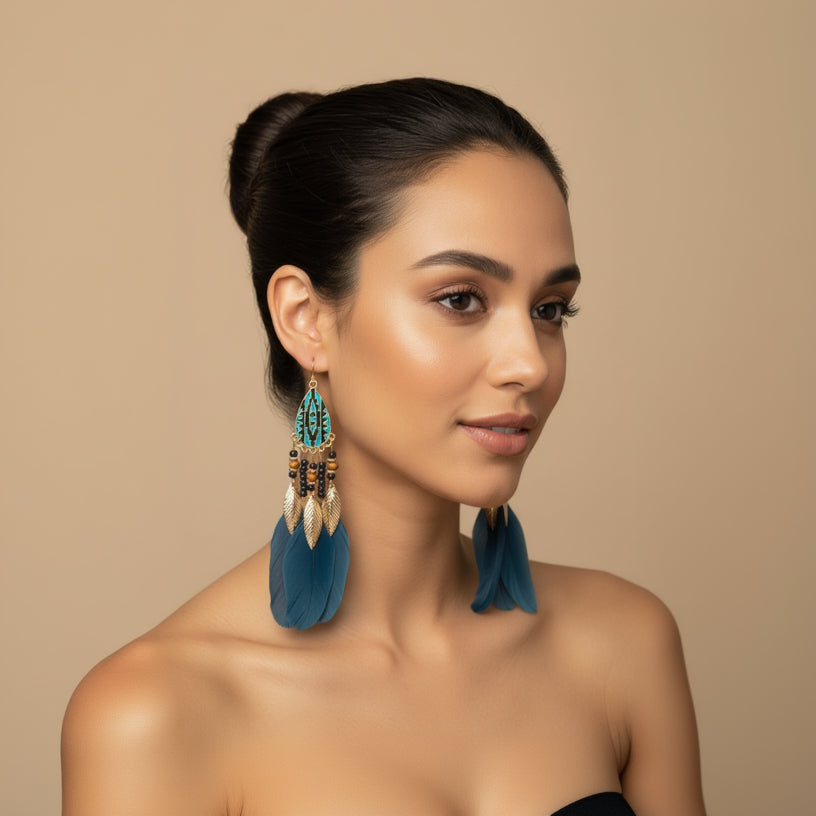 BOHEMIAN TEAR DROP BEADED FEATHER DANGLE EARRINGS