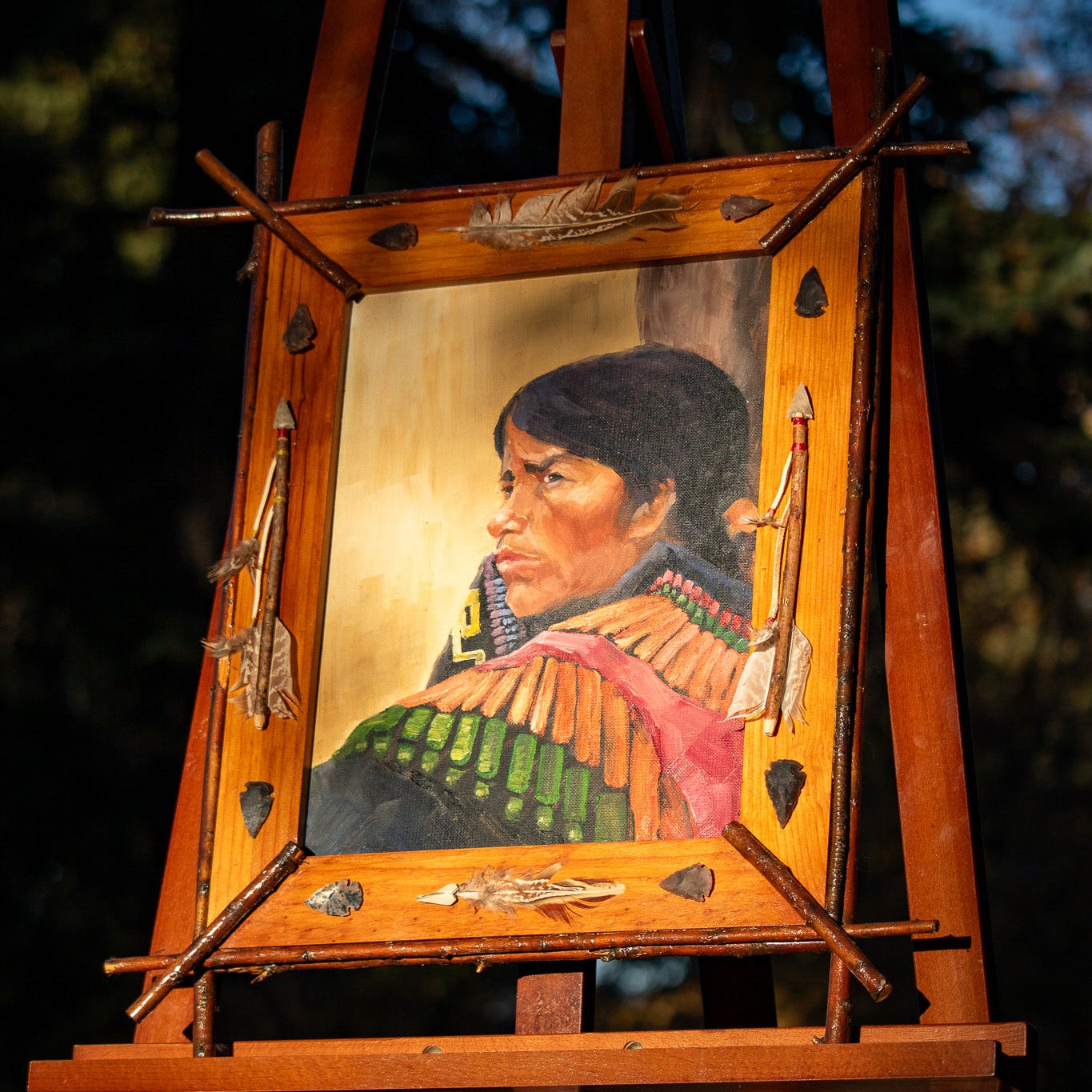 Native American portrait painting framed with rustic wood feathers stones mixed media wall art 20x23 inches