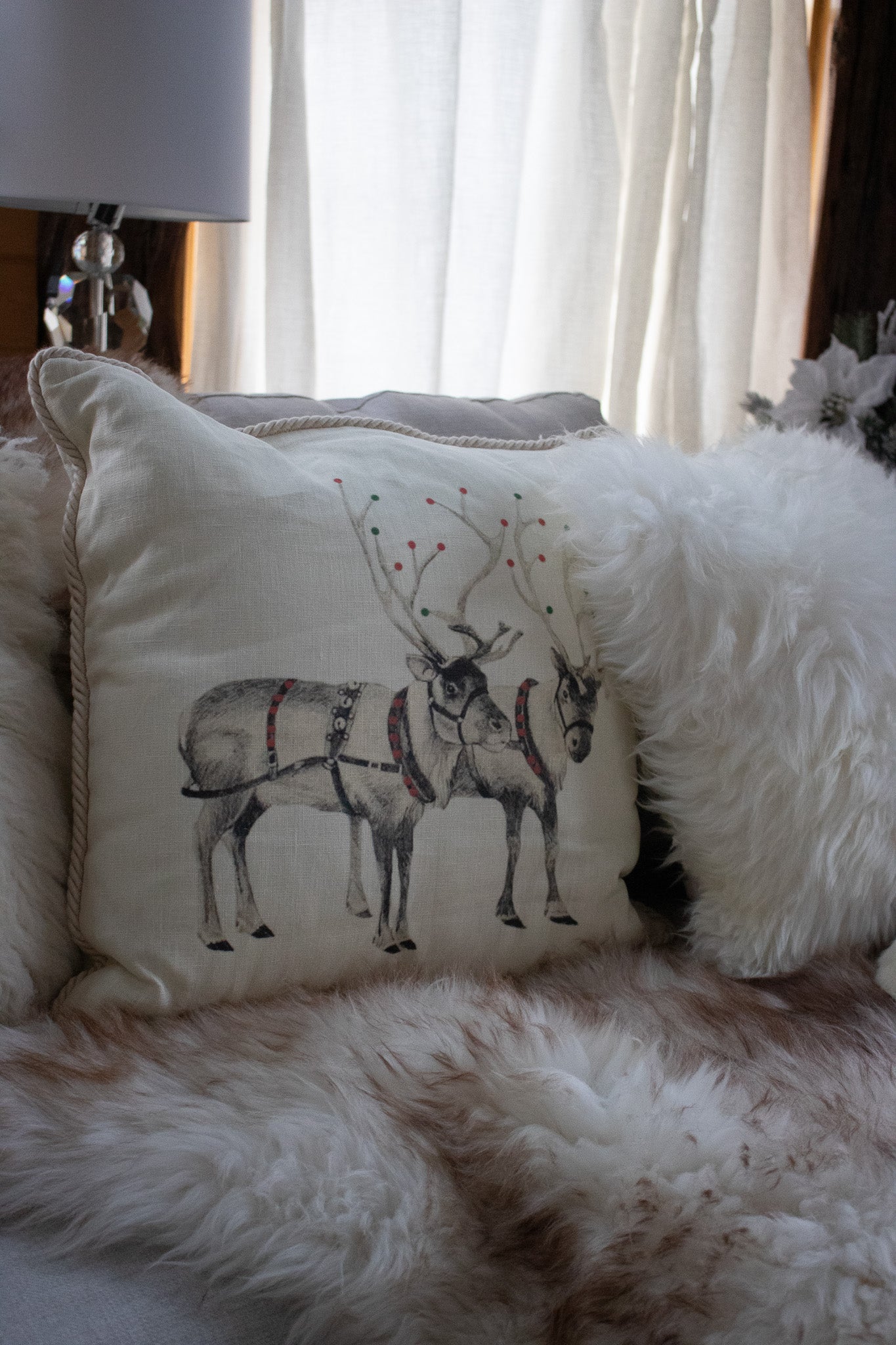 Christmas Reindeers Throw Pillow with Rope Lining