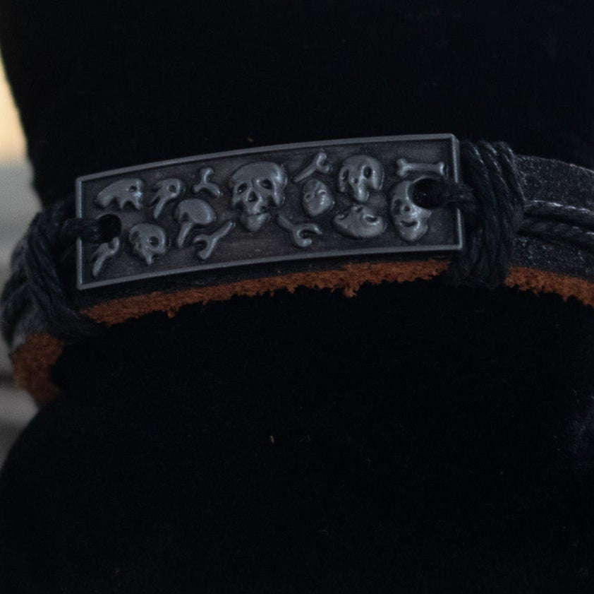 Skull and Bones Charm Leather Adjustable Bracelet
