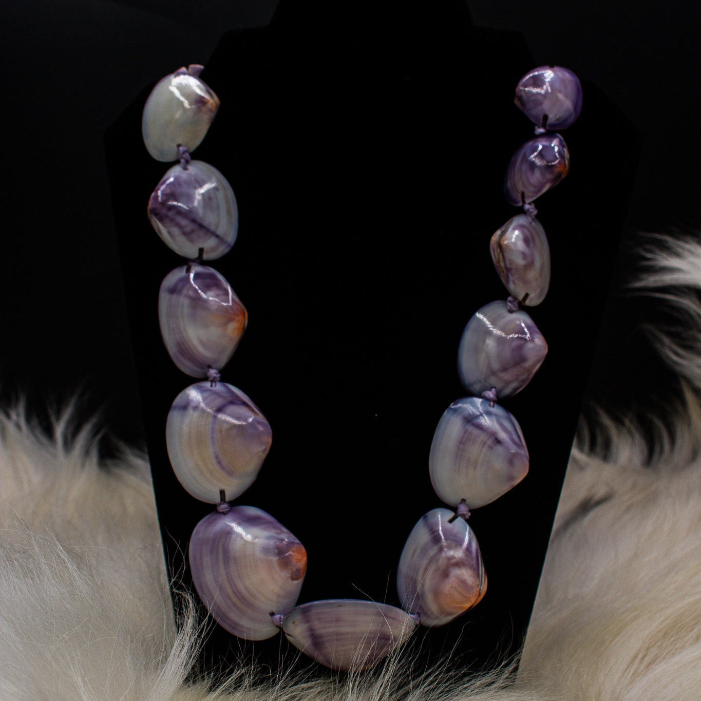 Purple, White Clam Shell Hawaiian Lei Necklace