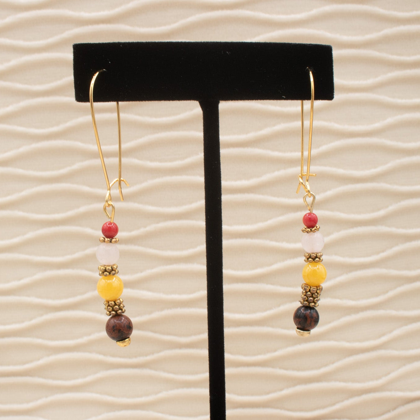 Red White Yellow Brown Gold Beaded Dangle Earrings