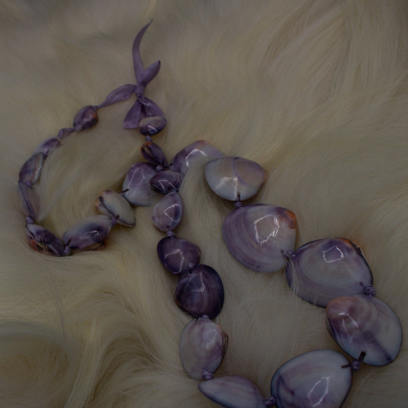 Purple, White Clam Shell Hawaiian Lei Necklace