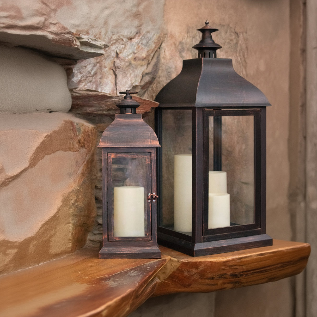 Set Of 3 Rustic Black Powder Coated Metal Glass Candle Lanterns