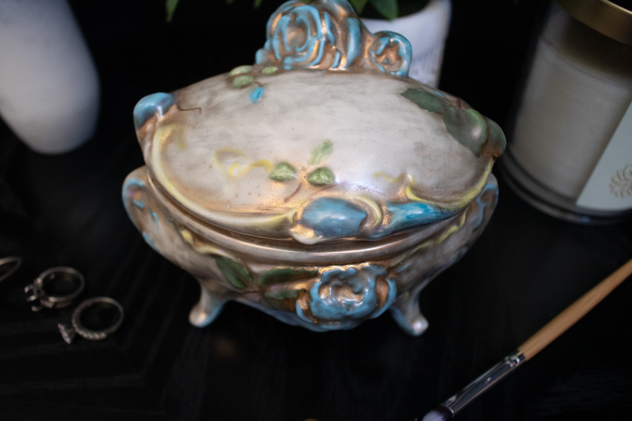 Gold and Blue Rose Jewelry Box