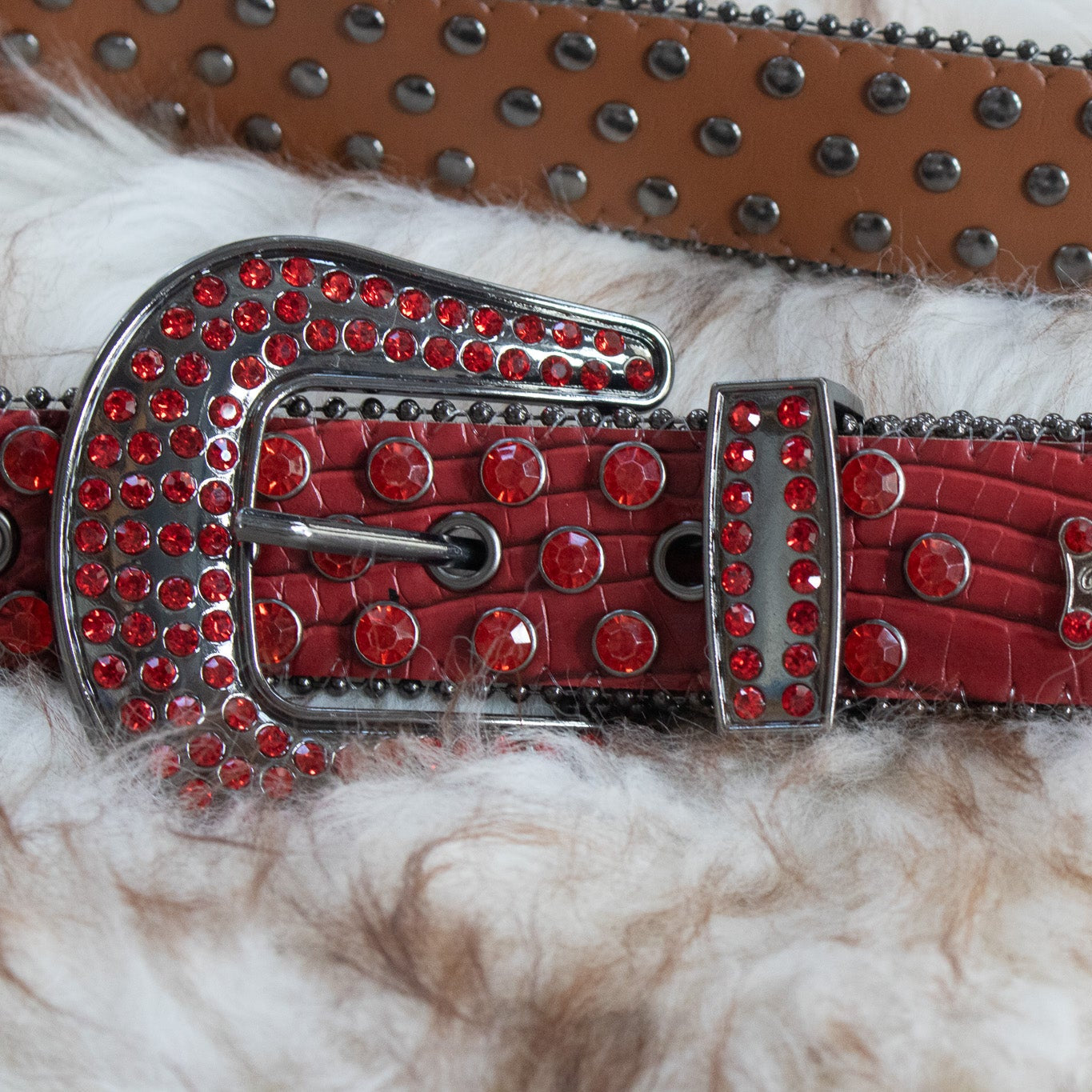 G.G. Simon Red Rhinestone Faux-Snakeskin Punk Buckle Belt