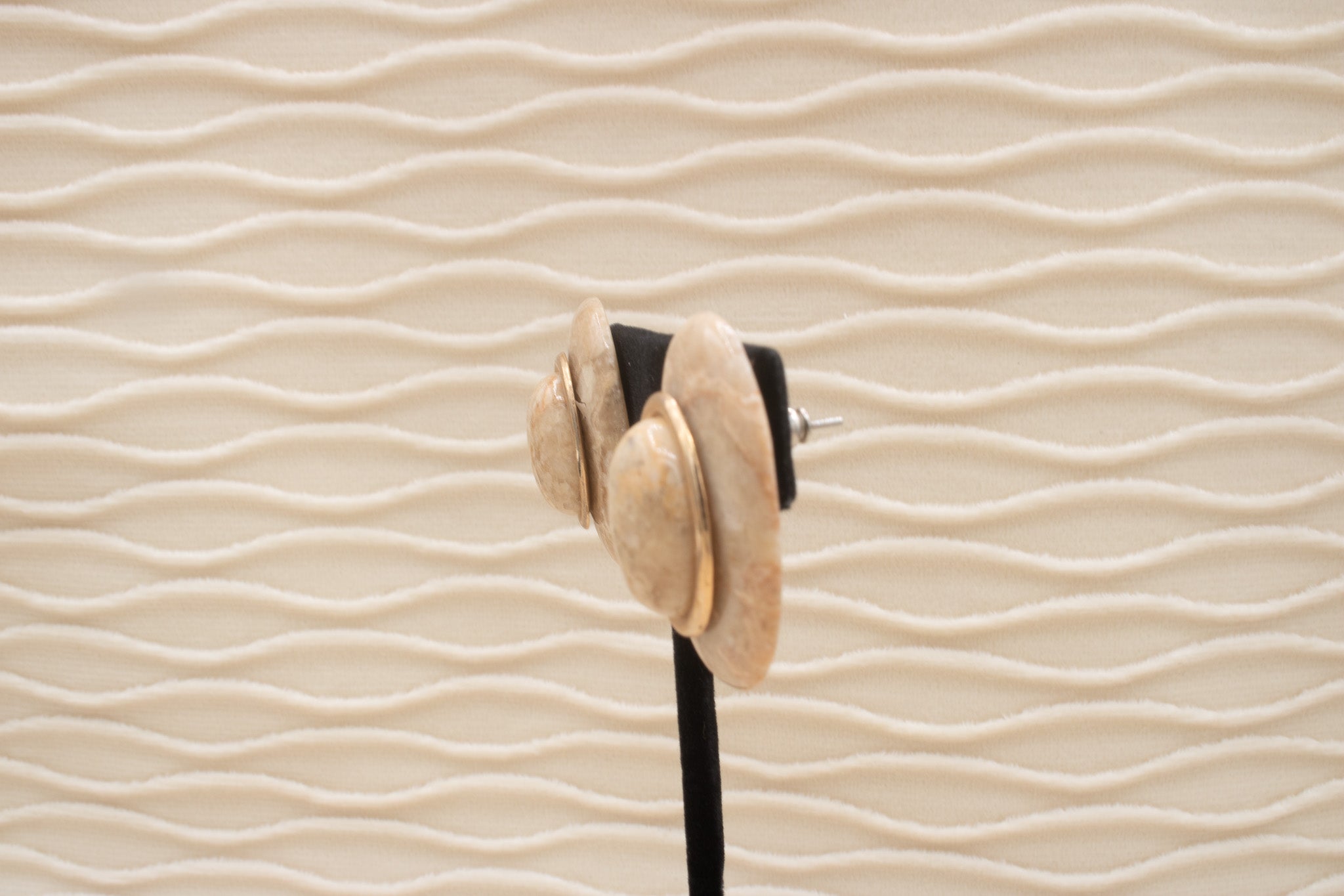 Oval Cream Colored Presious Marble Stone Earring Studs