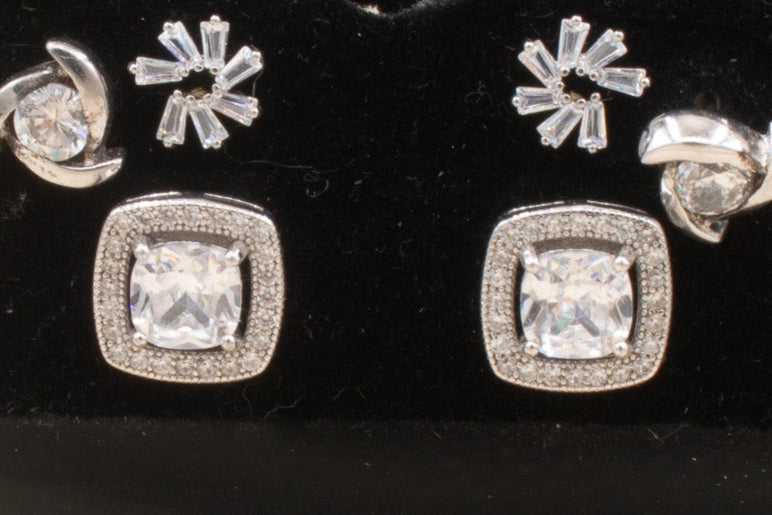 3 Piece Cubic Silver Zirconia Stone Earring Stud Set