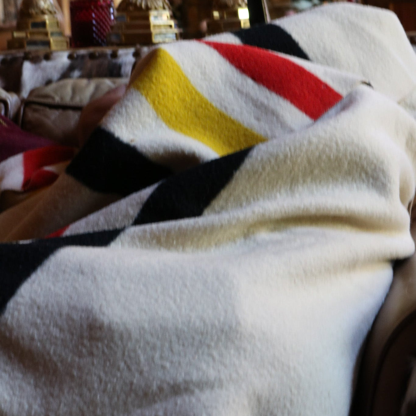 Pendleton Glacier Park Virgin Wool Blanket Cream Colored with Vibrant Black Yellow & Red Stripes