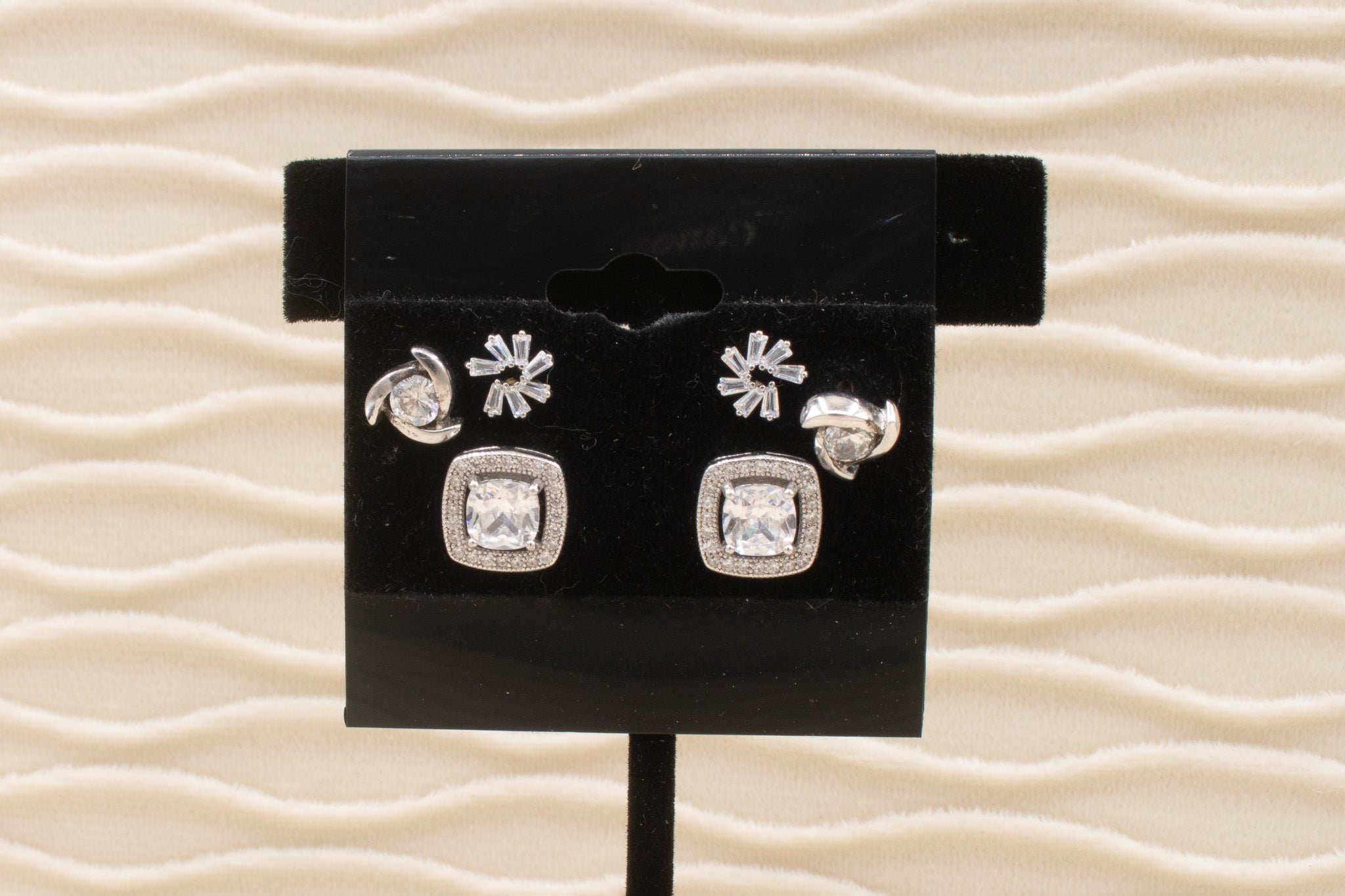 3 Piece Cubic Silver Zirconia Stone Earring Stud Set
