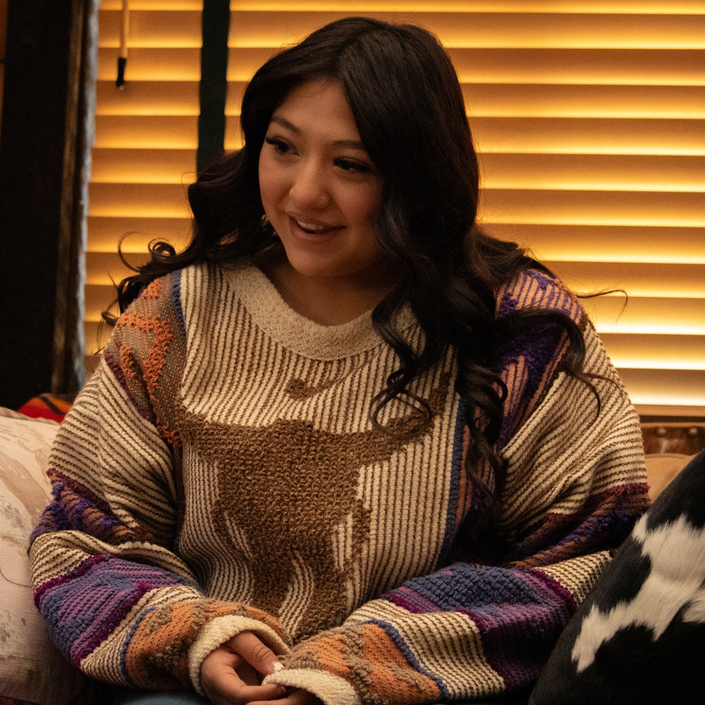 Allen Wah Collection Western tan Cow Skull Multi - Colored Pull - Over Sweater with Lining