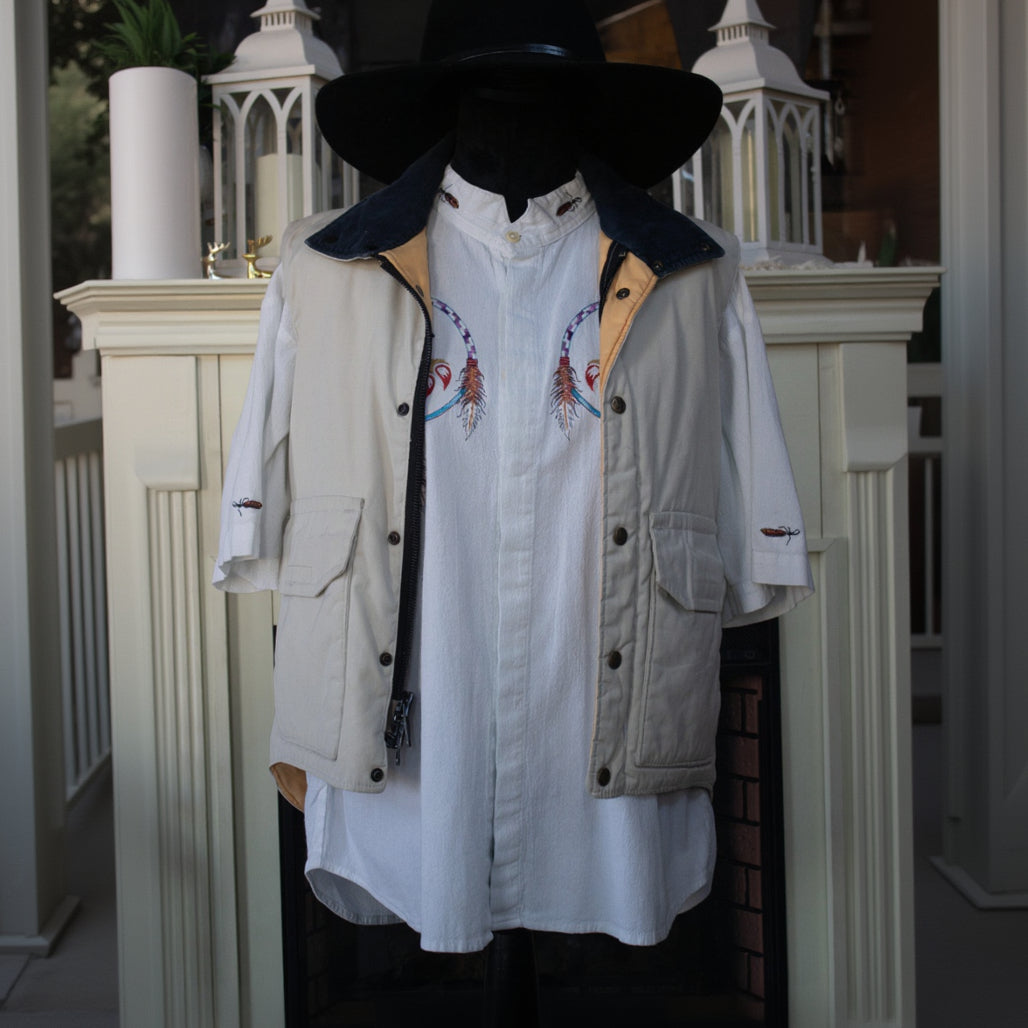 Mushue White Men's Button Down Bear Claw Dreamcatcher Embroidered Cotton Shirt